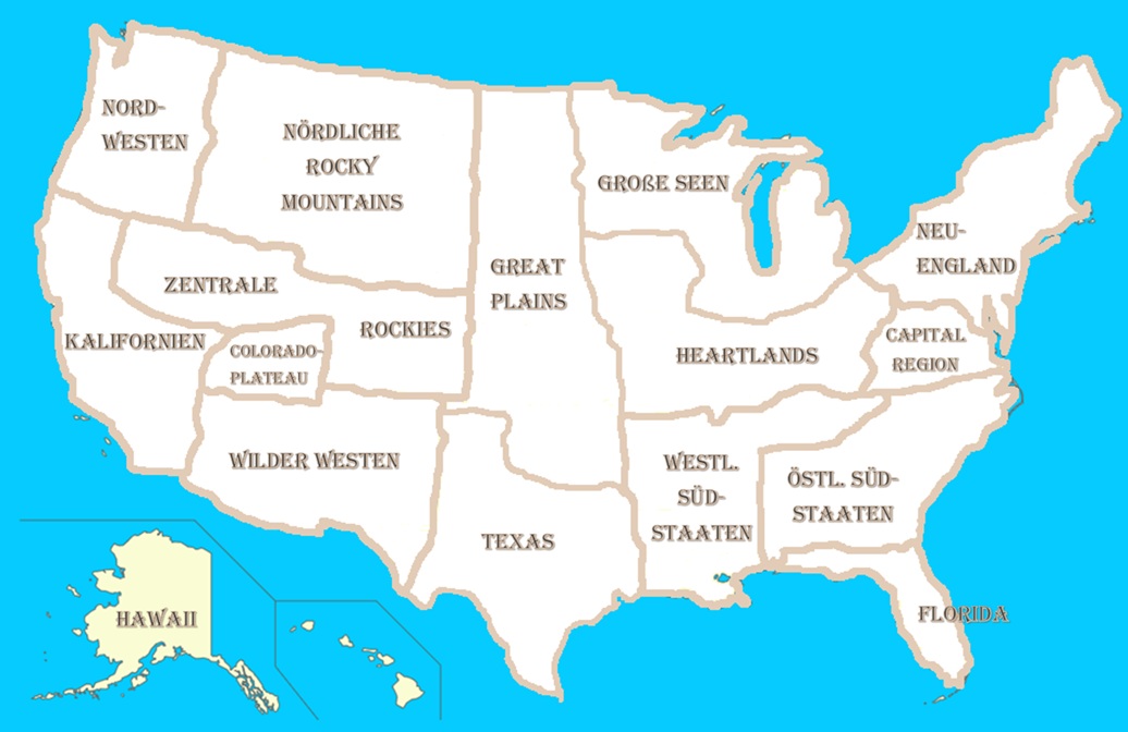 Einteilung der Reiseregionen der USA: Karte der USA mit Bundesstaaten und Regionen, beschriftet auf hellem Hintergrund vor blauem Meer.
